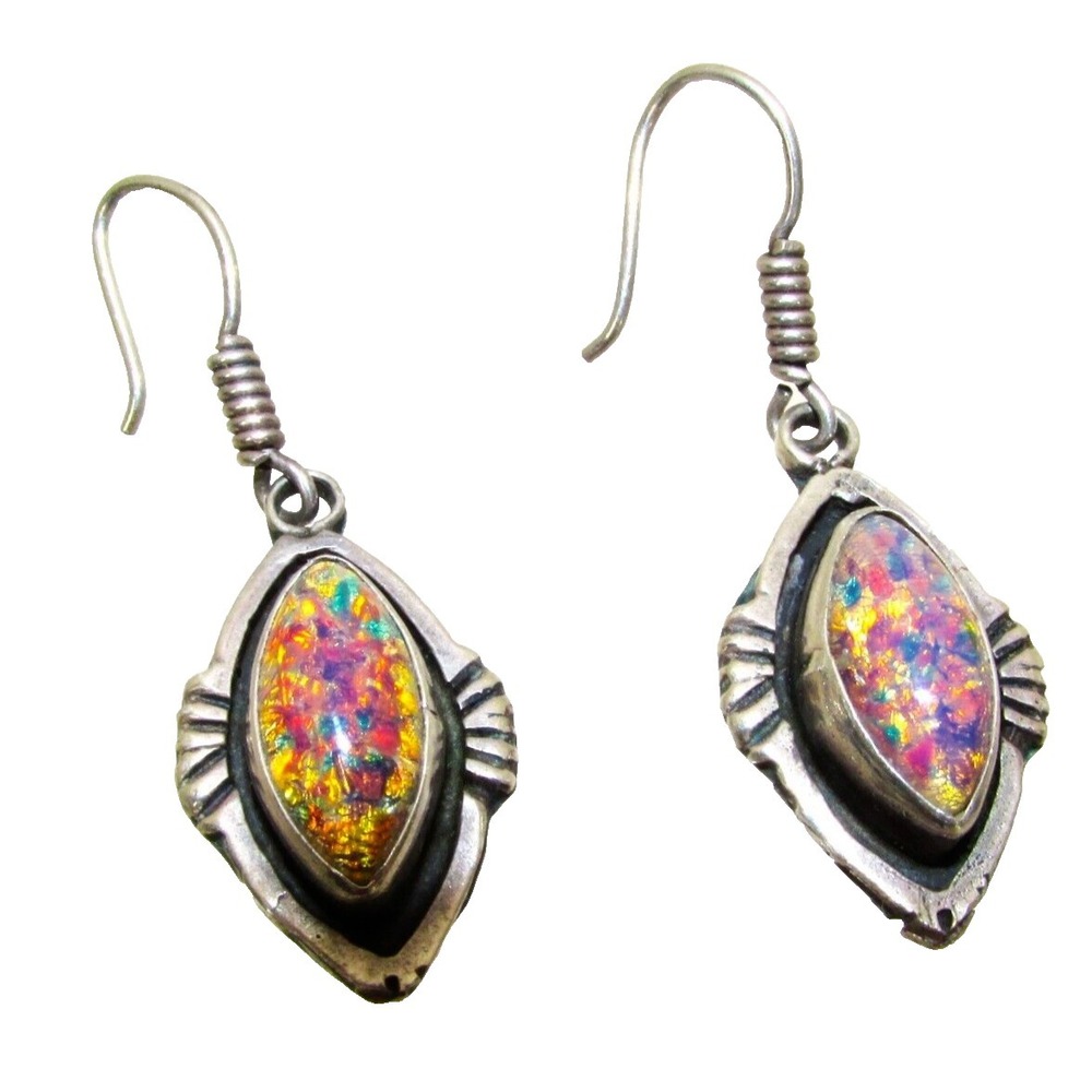 LLA signed Vintage 925 Sterling & Synthetic Fire Opal Stone earrings - 7.15 g